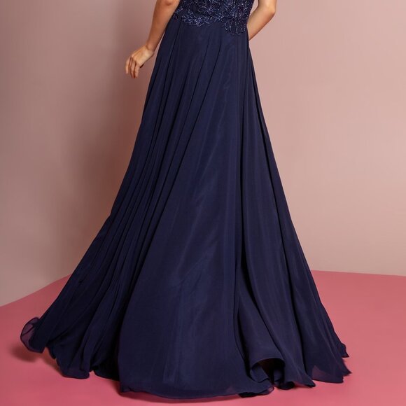NEW LONG CHIFFON A-LINE DRESS WITH CAP SLEEVES EMBROIDERED WITH LACE GL2683 - Picture 12 of 12